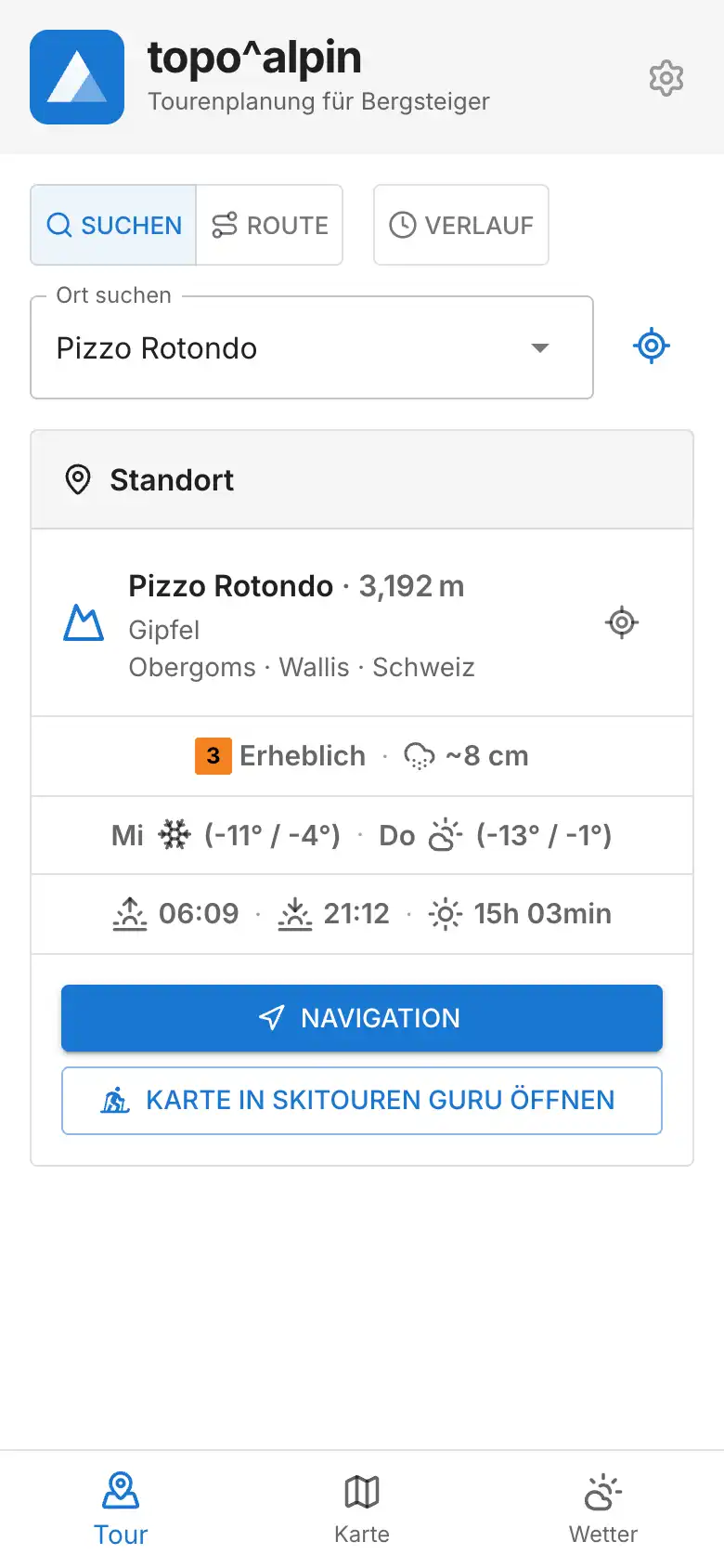 Übersicht mit Karte und Wetter