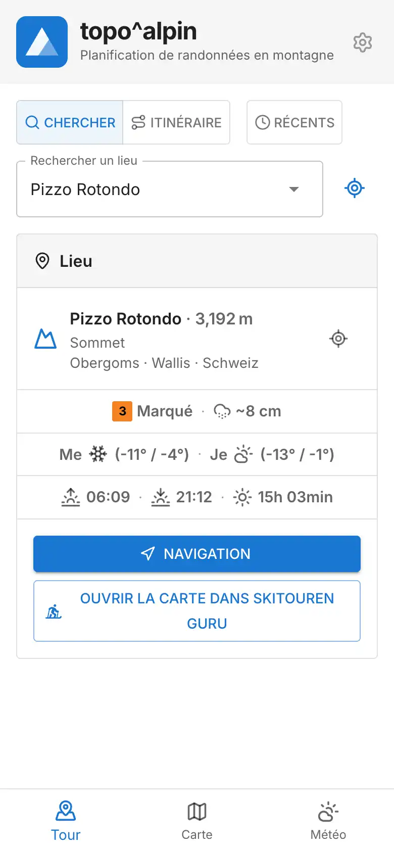 Aperçu avec carte et météo